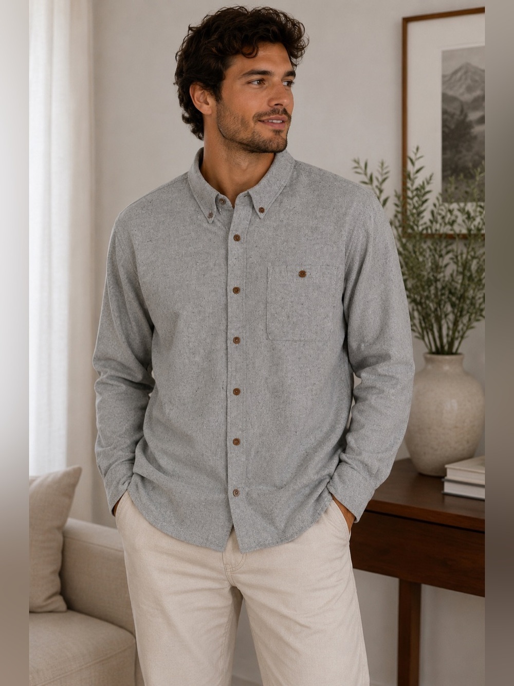 ASOS Grey Button-Down Cotton Long Sleeve Shirt with Brown Buttons Size XL